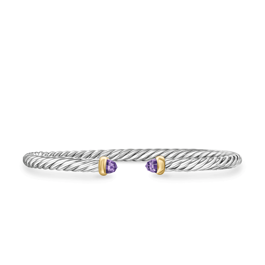 David Yurman Cable Flex Bracelet Sterling Silver with 14k Yellow Gold and Amethyst, 4mm