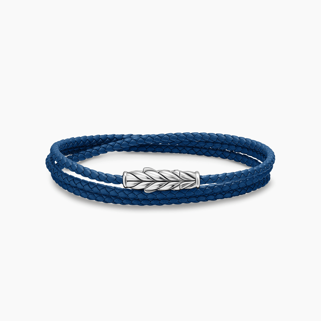David Yurman Chevron Triple Wrap Bracelet Blue Leather with Sterling Silver, 3mm
