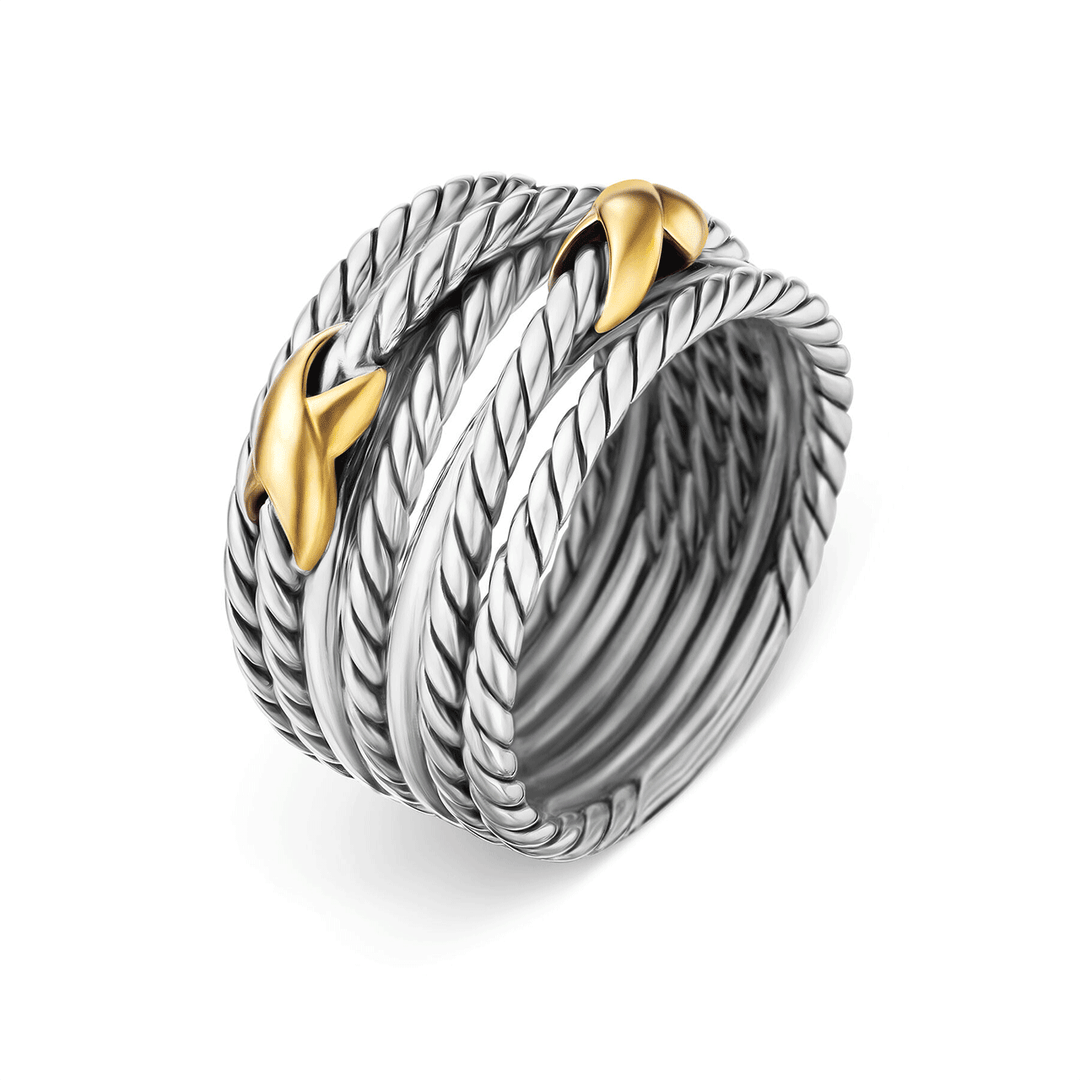 David Yurman Double X Crossover Ring Sterling Silver with 18k Yellow Gold, 13mm
