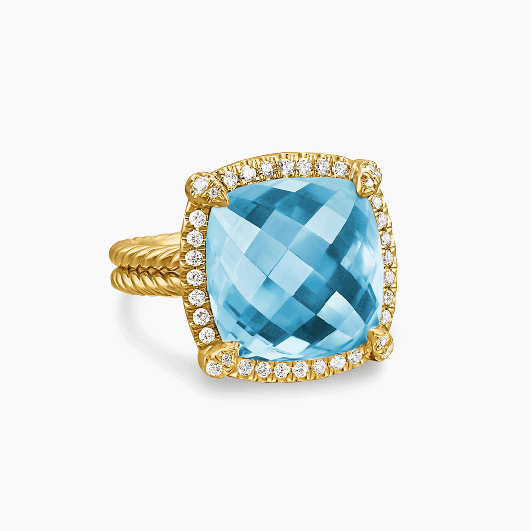 David Yurman Chatelaine Pavé Bezel Ring 18k Yellow Gold with Blue Topaz and Diamonds, 14mm