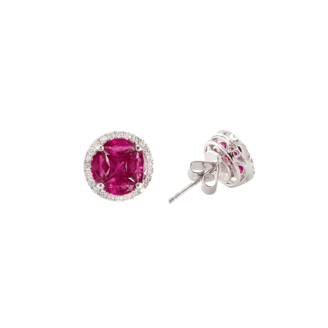 18k White Gold 1.73 Total Weight Ruby and Diamond Flower Studs