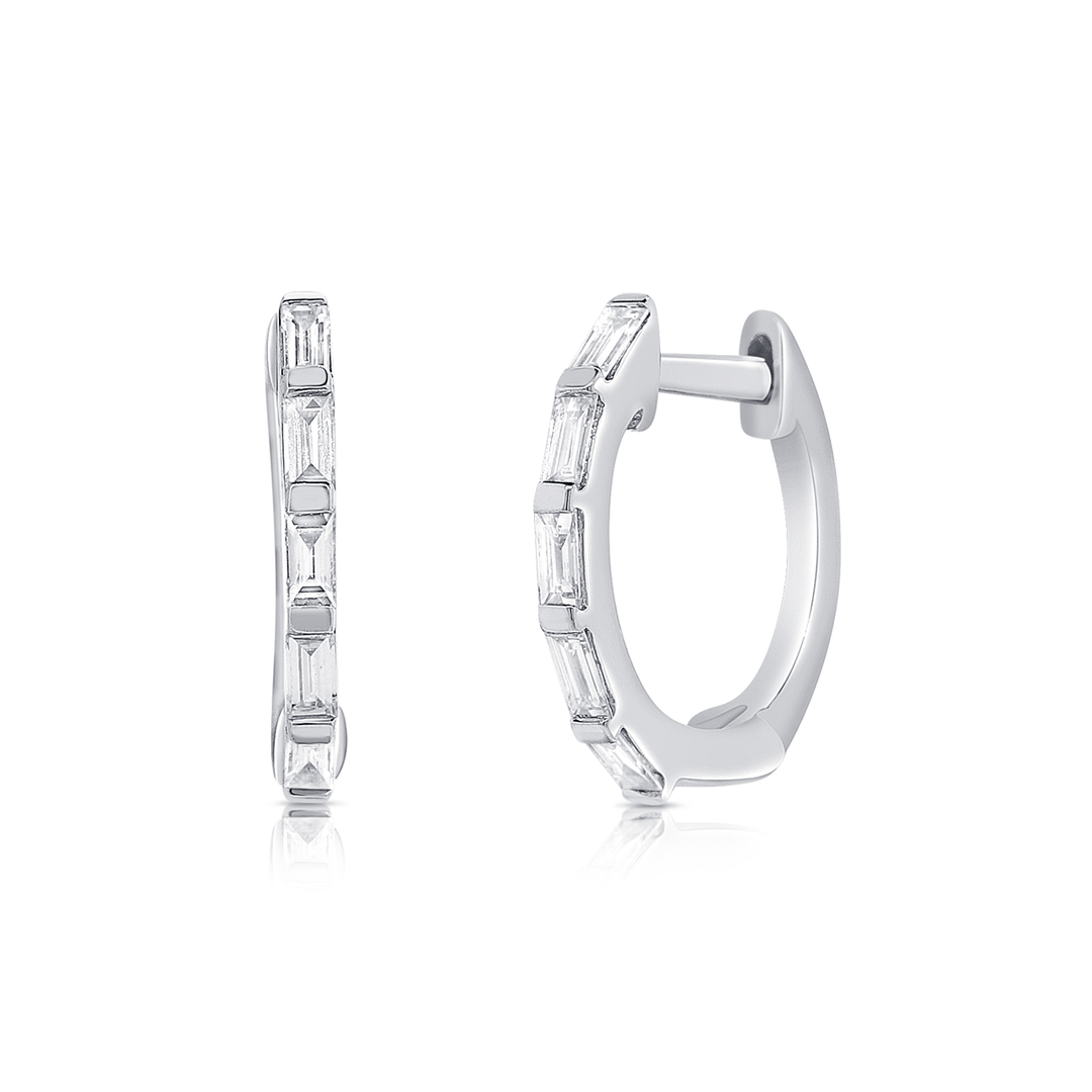 14k White Gold and Diamond Baguette .17 Total Weight Huggie Hoops