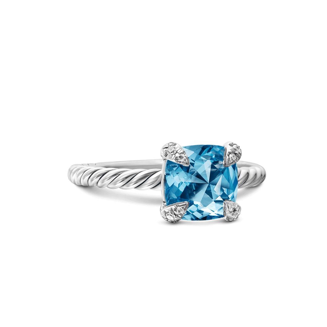 David Yurman Chatelaine Ring Sterling Silver with Blue Topaz and Diamonds, 8mm