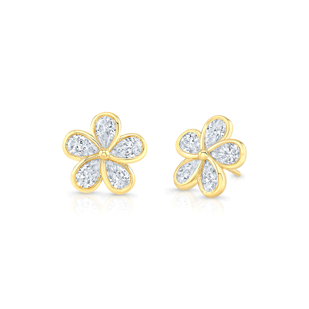 18k Yellow Gold and 3.15 Total Weight Diamond Bezel Flower Studs
