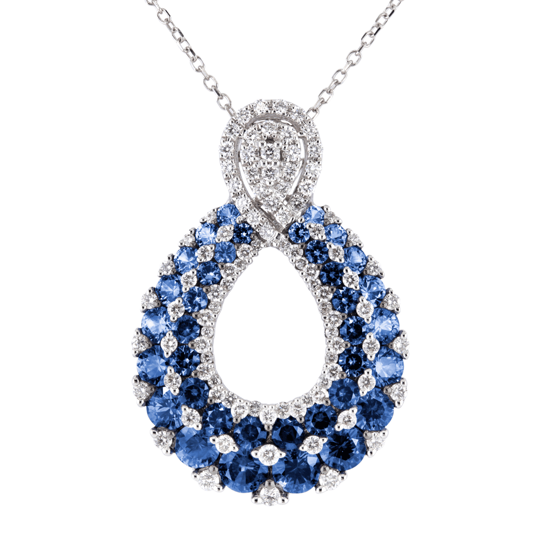 18k White Gold Tear Drop Sapphire 2.20 Total Weight and Diamond Pendant