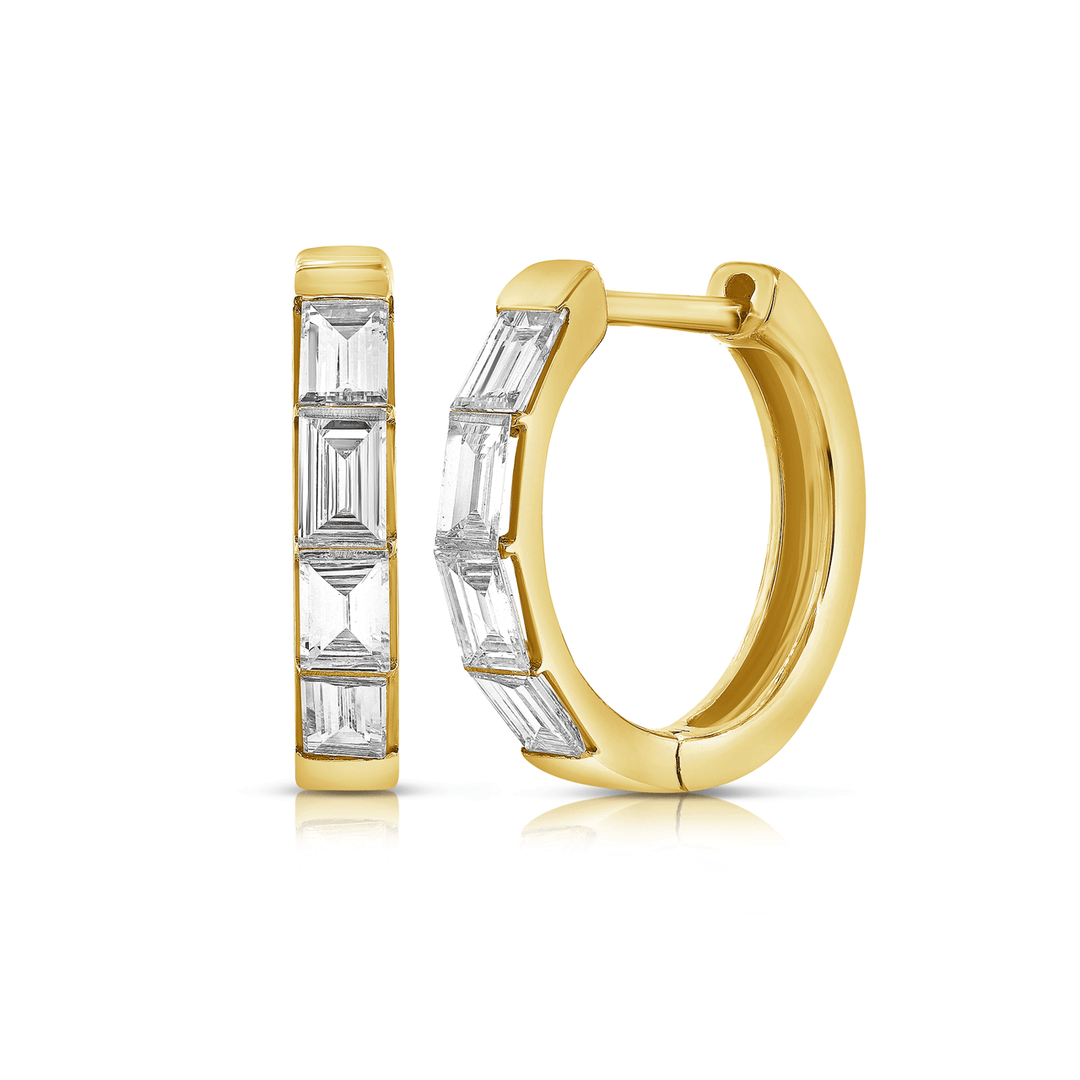 14k Yellow Gold .76 Total Weight Diamond Baguette Huggie Hoops