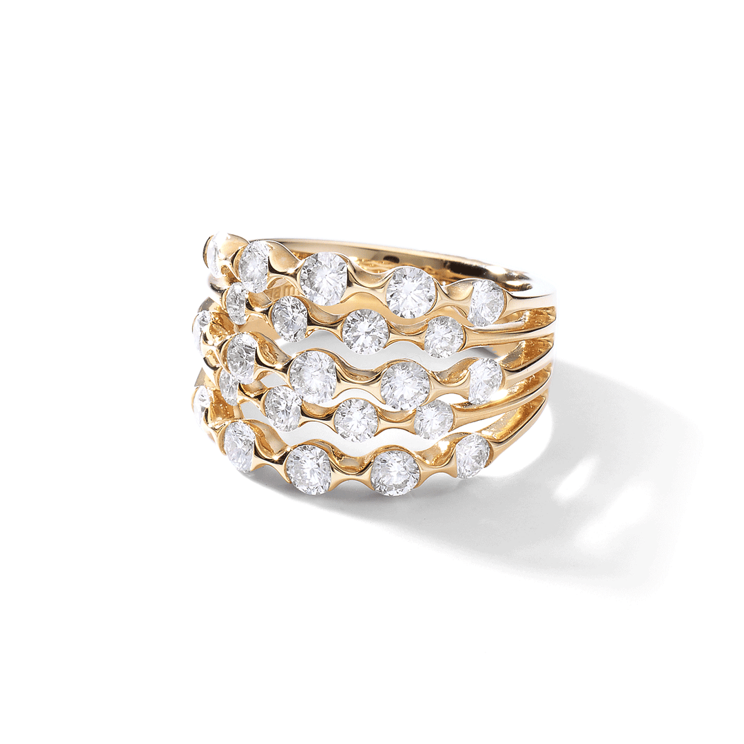 Wave 18k Gold and Diamond 2.00 Total Weight Five Row Ring