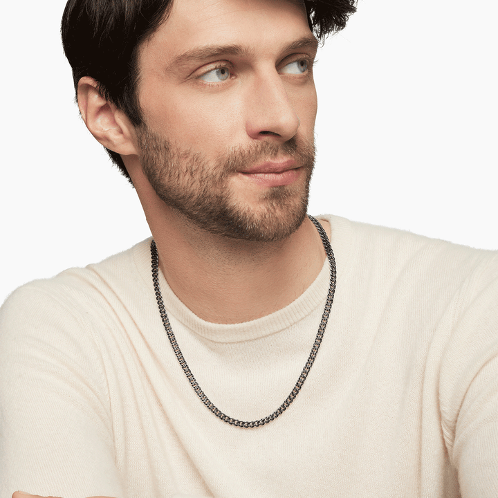 David Yurman Curb Chain Necklace Sterling Silver with Black Diamonds, 6mm