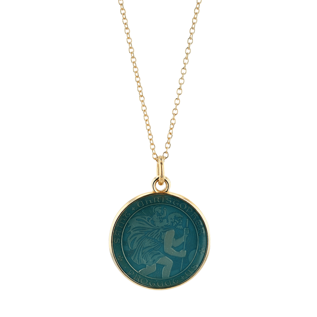 St. Christopher 14k Yellow Gold and Light Blue Enamel Medal