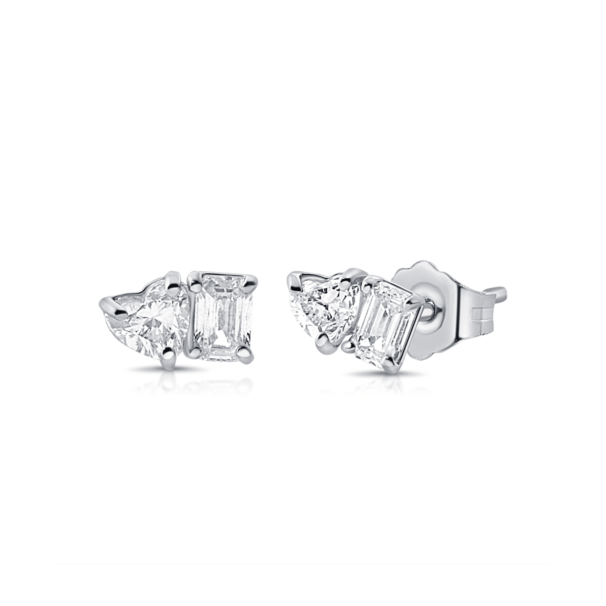 14k Gold Heart and Emerald Cut Diamond .62 Total Weight Studs
