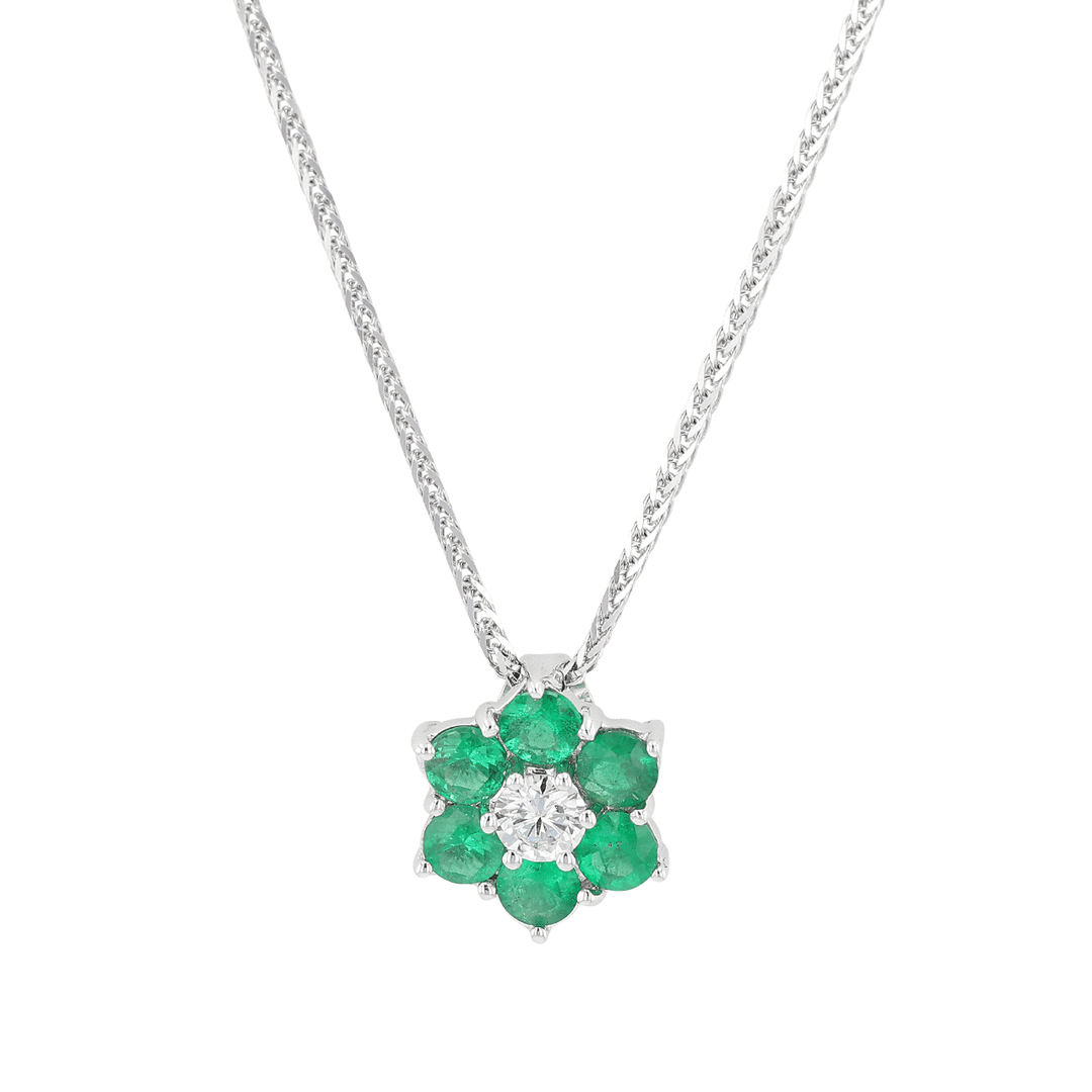 18k White Gold Emerald .63 Total Weight and Diamond Pendant