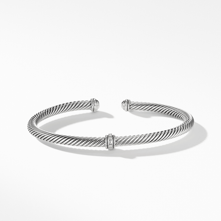 David Yurman Classic Cable Station Bracelet Sterling Silver with Diamonds, 4mm