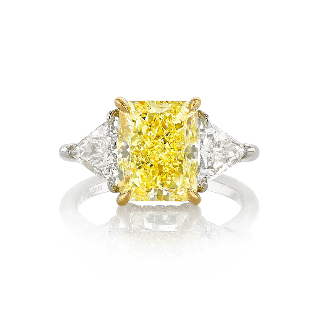 Hamilton Silhouette Collection Platinum and 4.61 Total Weight Fancy Yellow Radiant Cut Diamond Engagement Three Stone Ring
