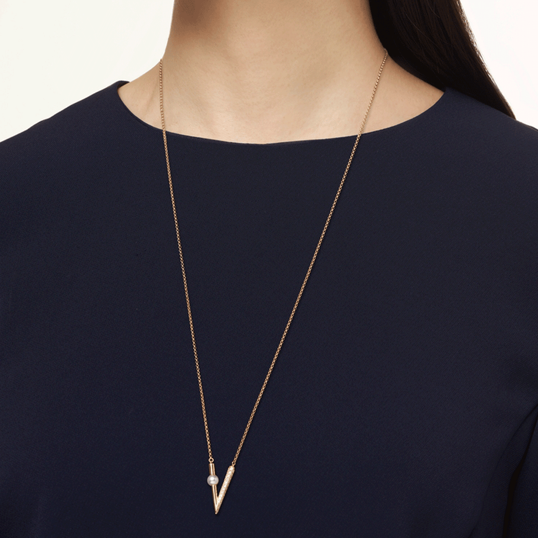 Mikimoto V Code 18k Yellow Gold Akoya Cultured Pearl and Diamond Pendant