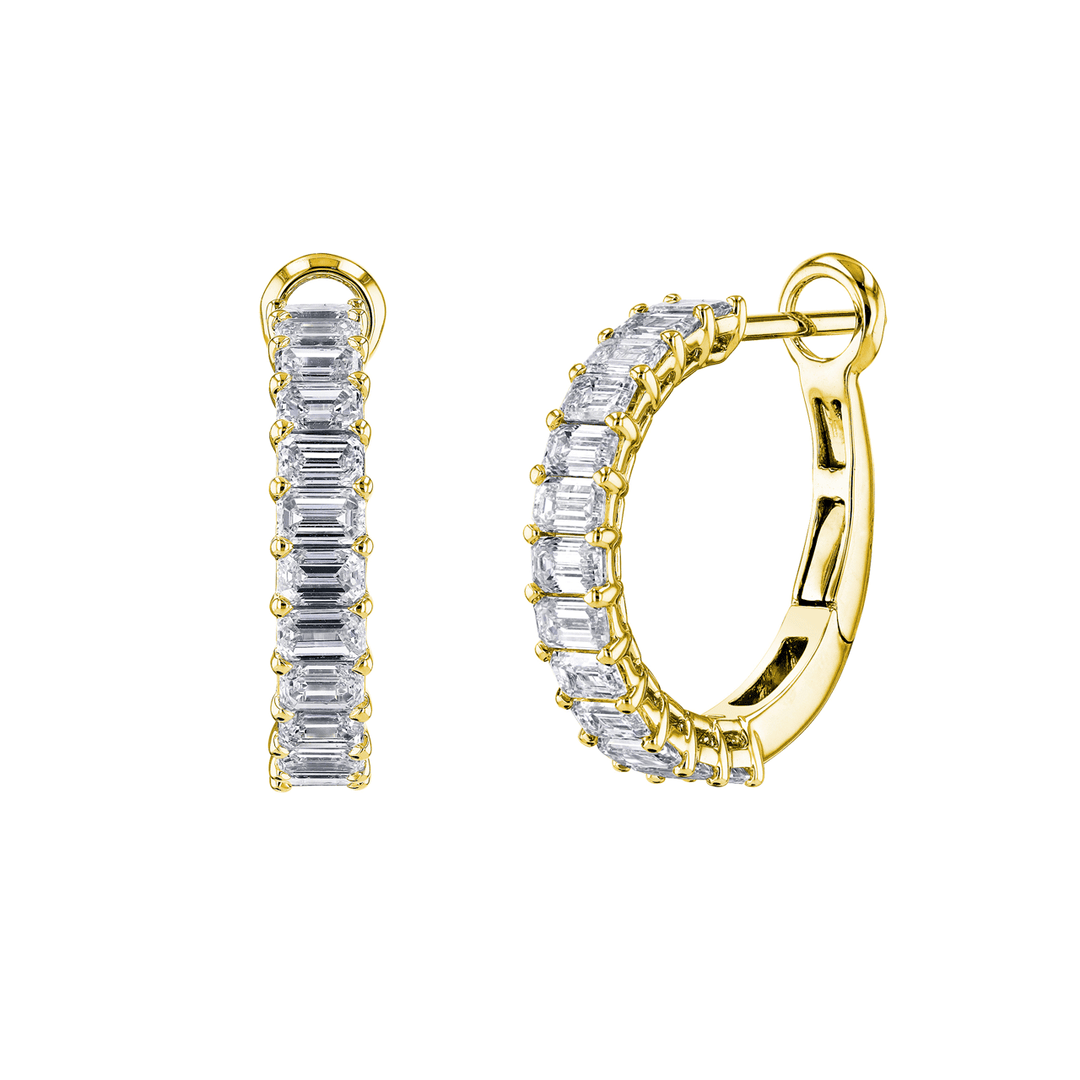 18k Yellow Gold and Emerald Cut Diamond 5.07 Total Weight Hoops