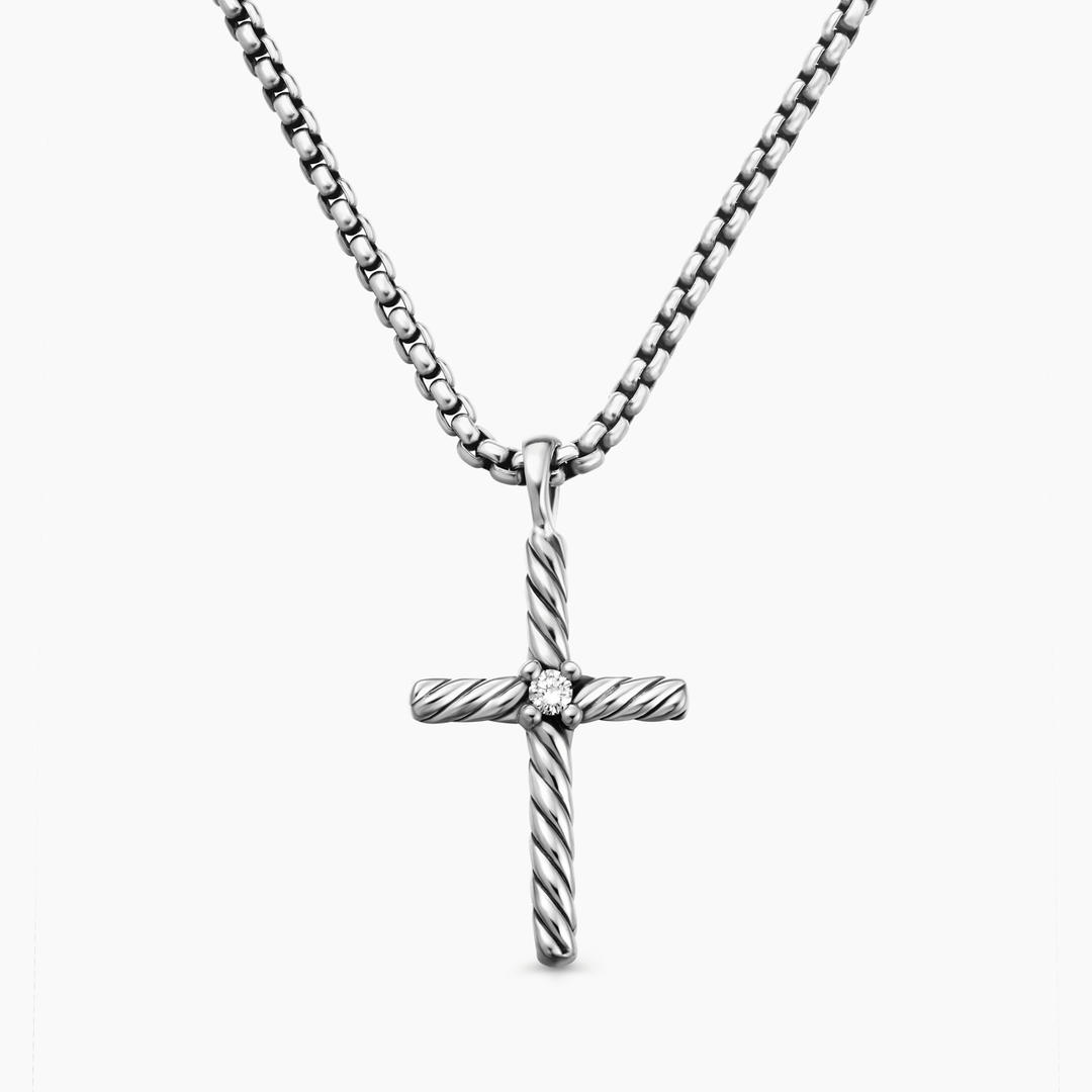 David Yurman Classic Cable Cross Necklace Sterling Silver with Center Diamond, 24.3mm