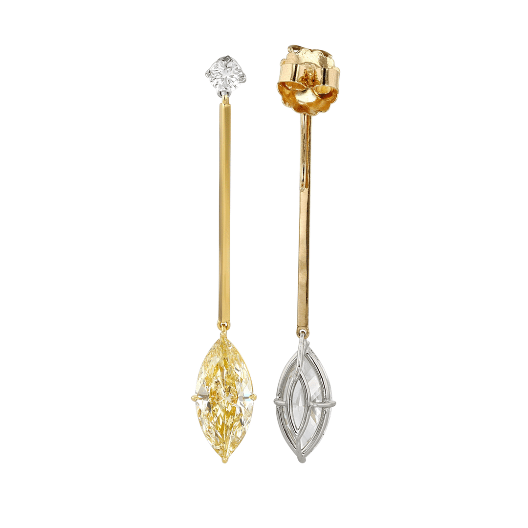 Platinum and 18k Gold Marquise Shape Fancy Yellow and White Diamond Drop Earrings