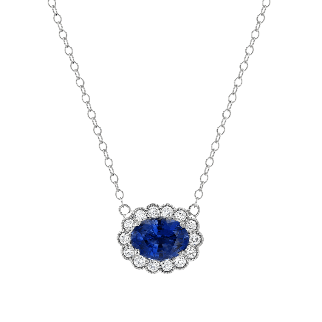 14k White Gold Oval Sapphire 1.43 Total Weight and Diamond Necklace