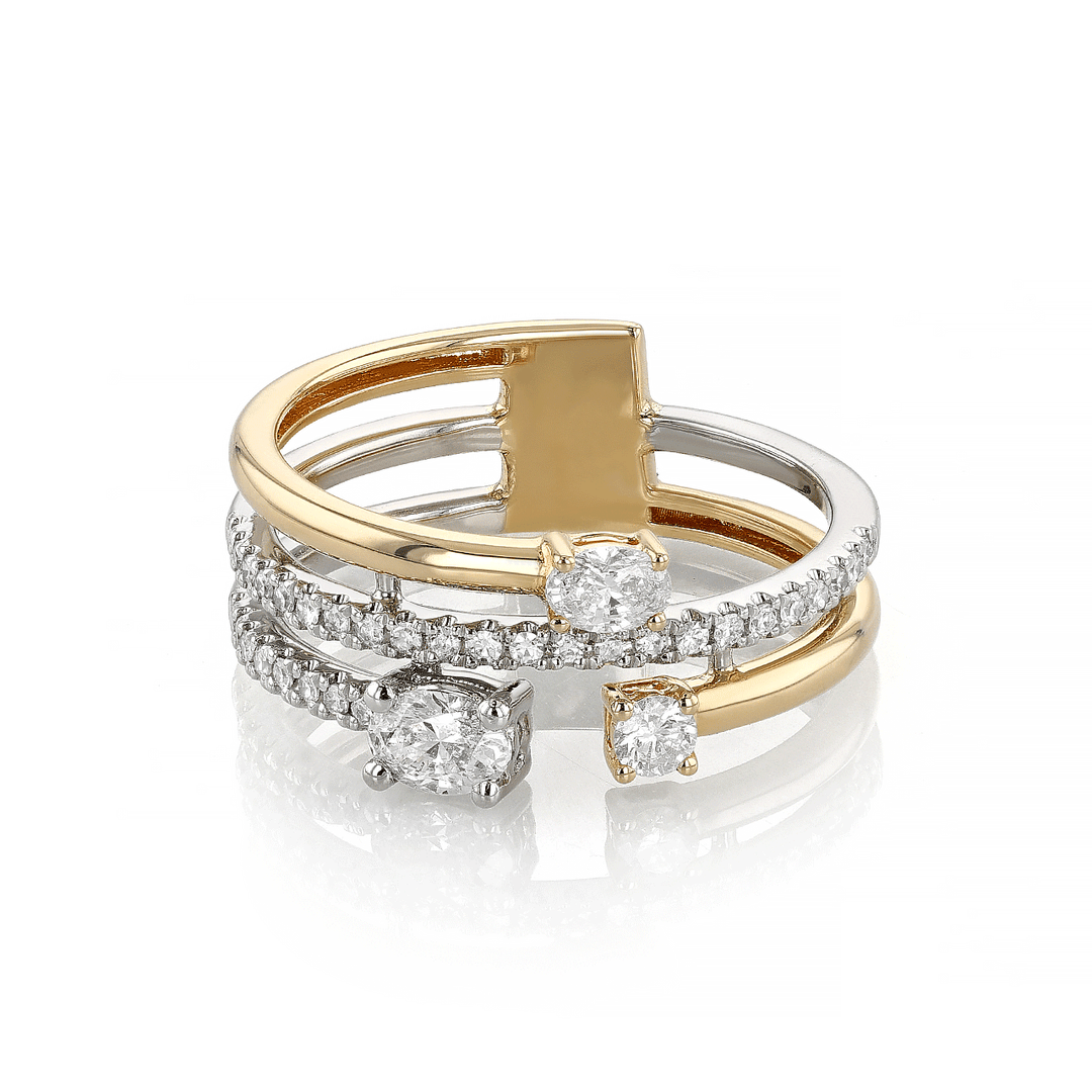 14k Gold Oval and Round Diamond Three Row Ring