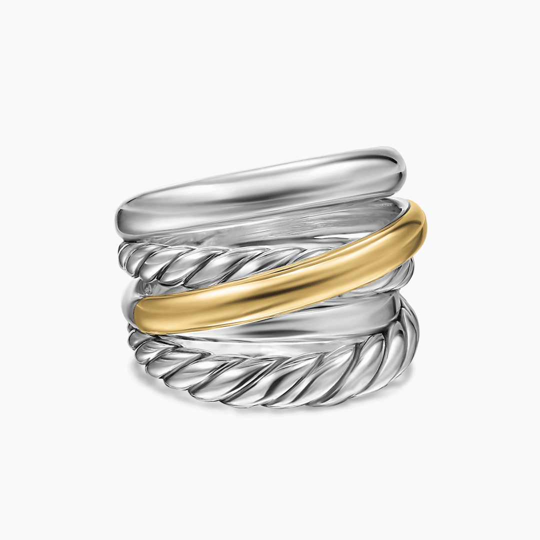 David Yurman Crossover Five Row Ring Sterling Silver with 14k Yellow Gold, 17.5mm