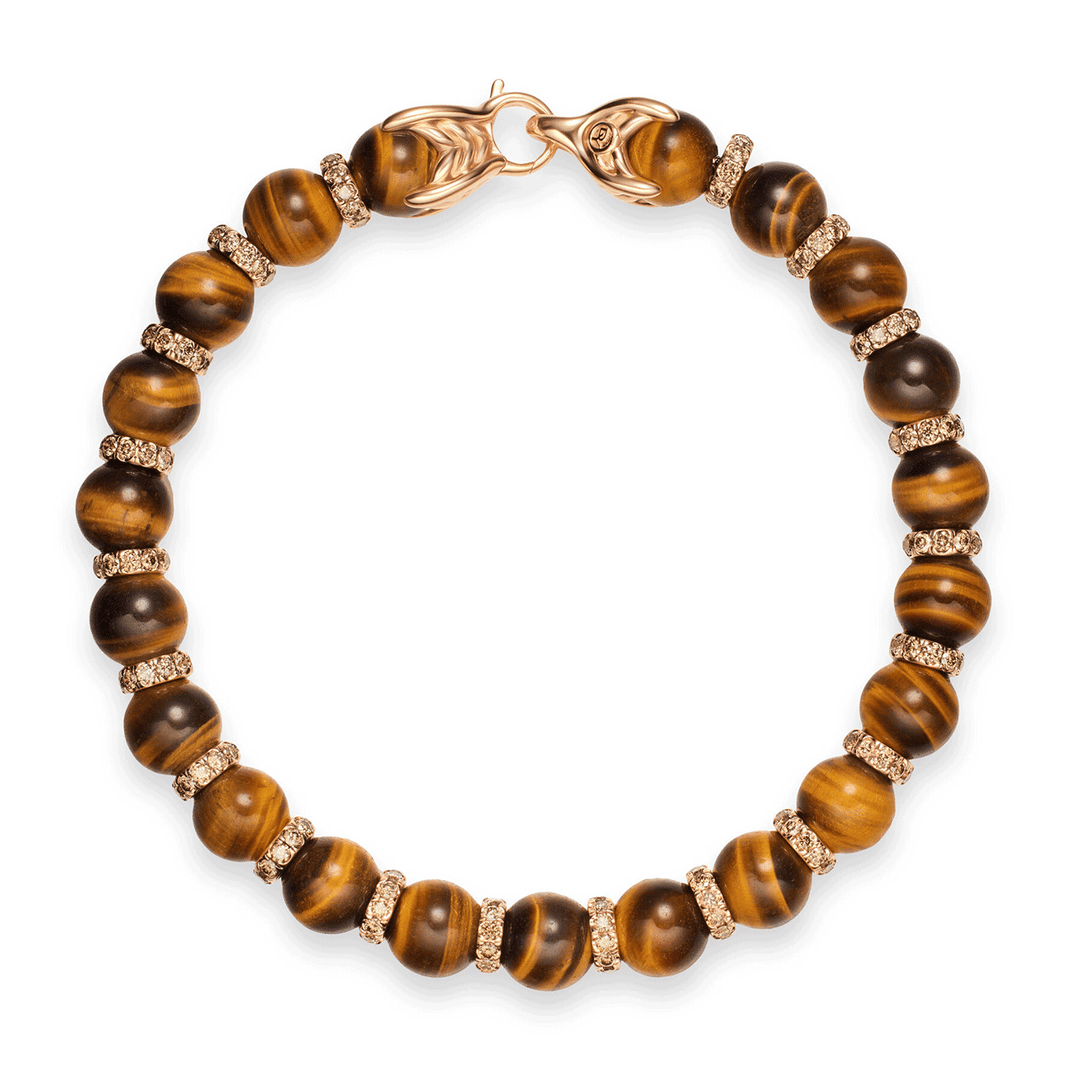 David Yurman Spiritual Beads Bracelet 18K Rose Gold with Tiger's Eye and Cognac Diamonds, 8mm
