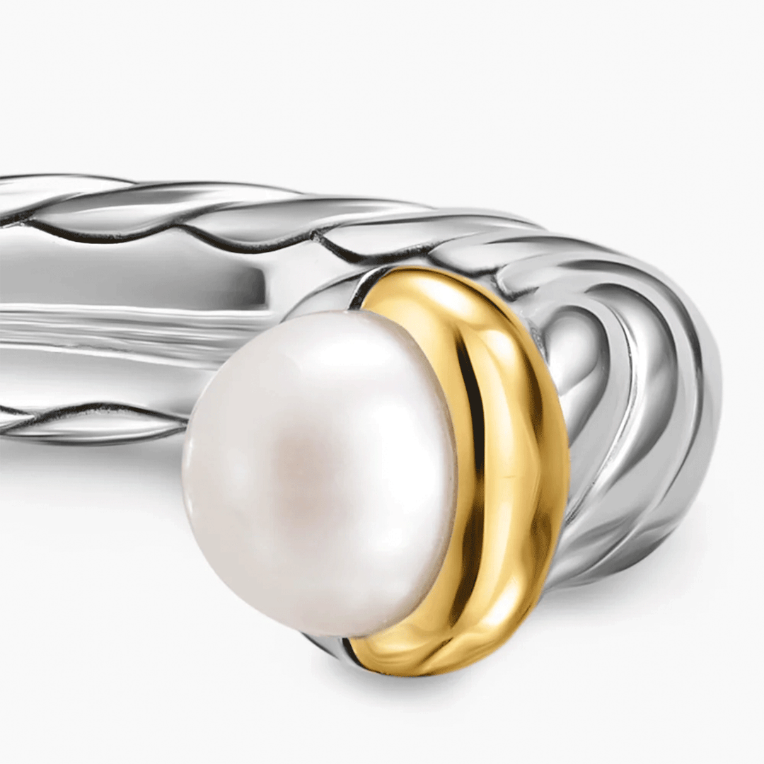 David Yurman Petite Cable Open Ring Sterling Silver with 14k Yellow Gold and Pearls, 3.4mm