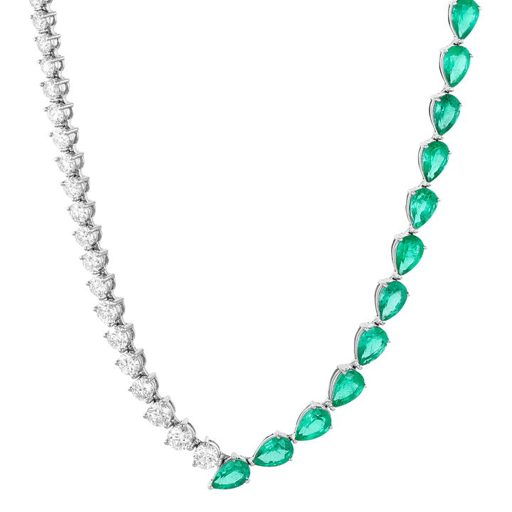 18k White Gold Pear Shape Emerald and Diamond Necklace