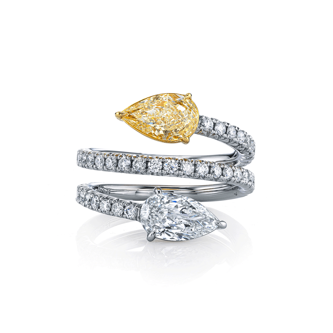 Platinum 18k Yellow Gold and 1.01 Pear Shape Fancy Yellow Diamond Wrap Ring