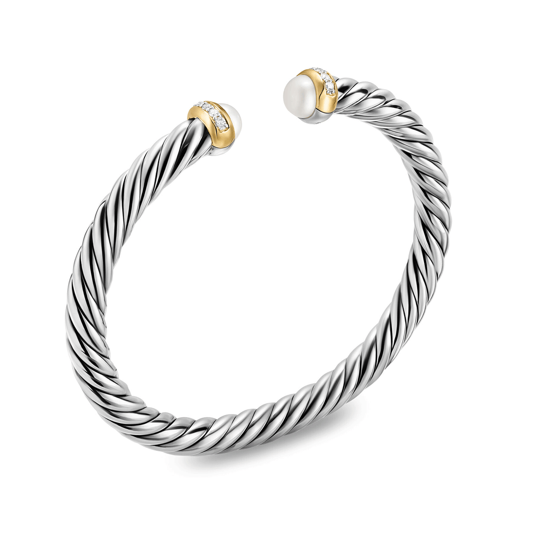 David Yurman Sterling Silver with 14K Yellow Gold, Pearls and Diamonds, 6mm Cable Flex® Bracelet