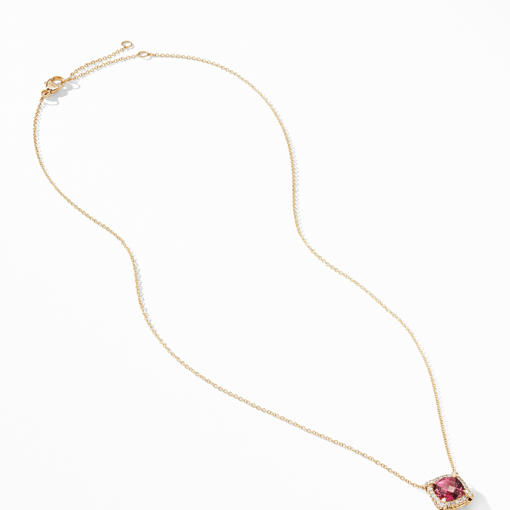 Petite Chatelaine® Pavé Bezel Pendant Necklace in 18K Yellow Gold with Pink Tourmaline