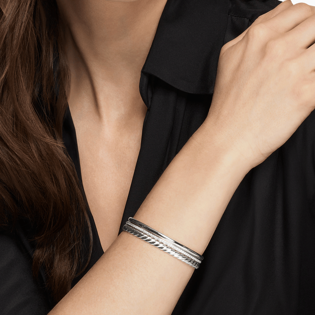 David Yurman Mercer Three Row Cuff Bracelet Sterling Silver with Diamonds, 10.4mm