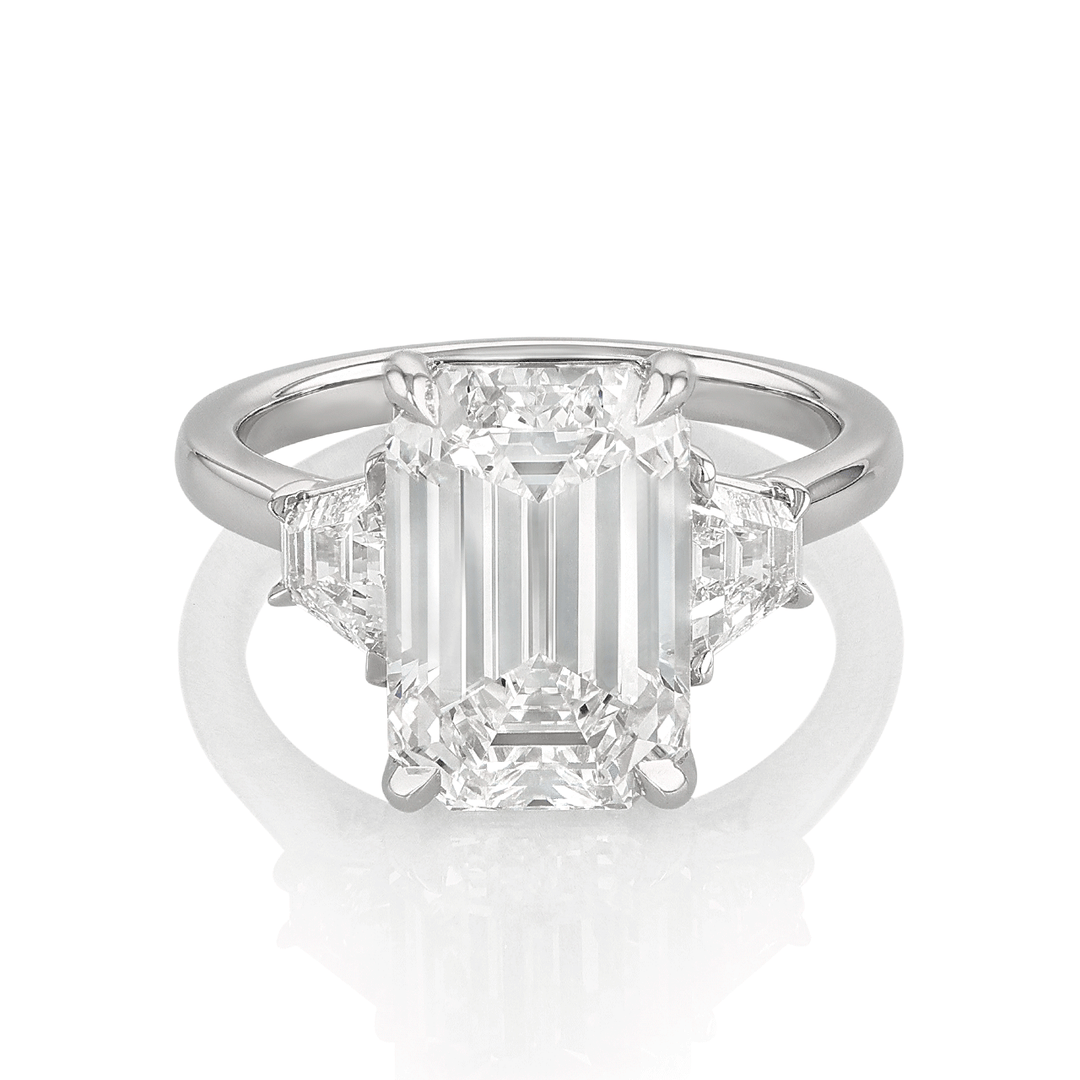 Hamilton Origin Platinum and 5.12 Total Weight Emerald Cut Diamond Engagement Three Stone Ring
