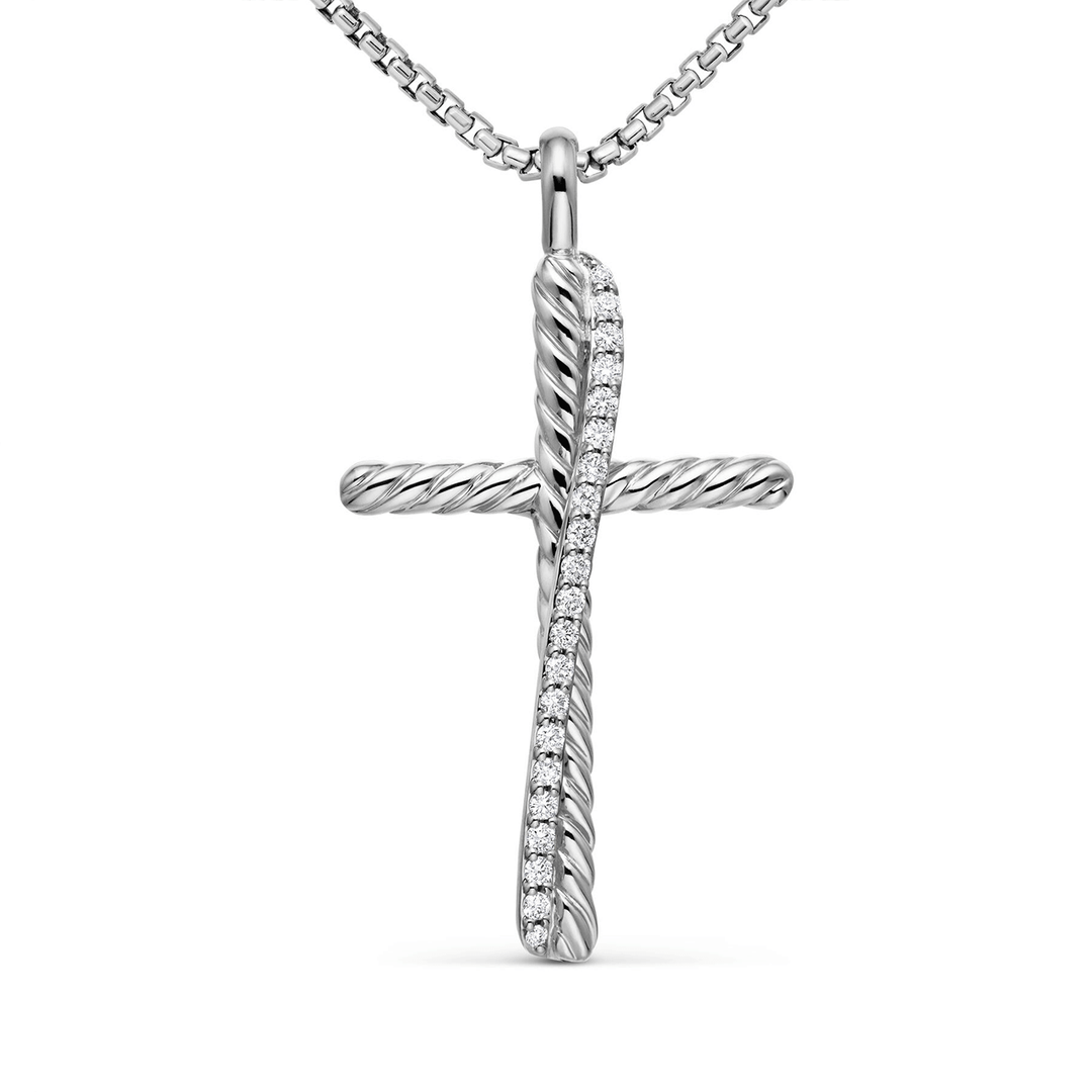 David Yurman Crossover Cross Necklace Sterling Silver with Diamonds, 35.6mm