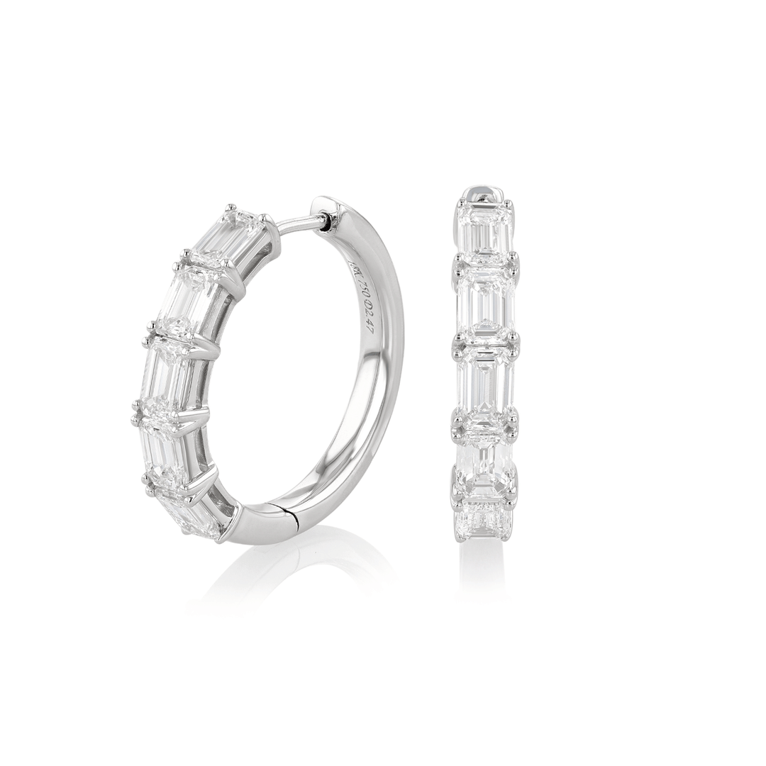 18k White Gold and 2.47 Total Weight Emerald Cut Diamond Hoops