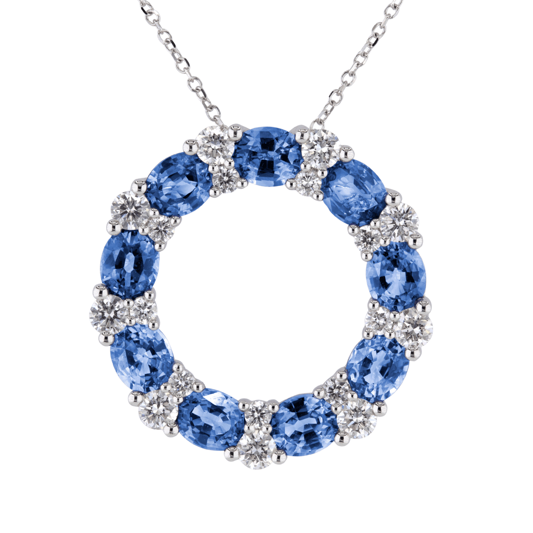 18k White Gold Sapphire 3.18 Total Weight and Diamond Circle Pendant
