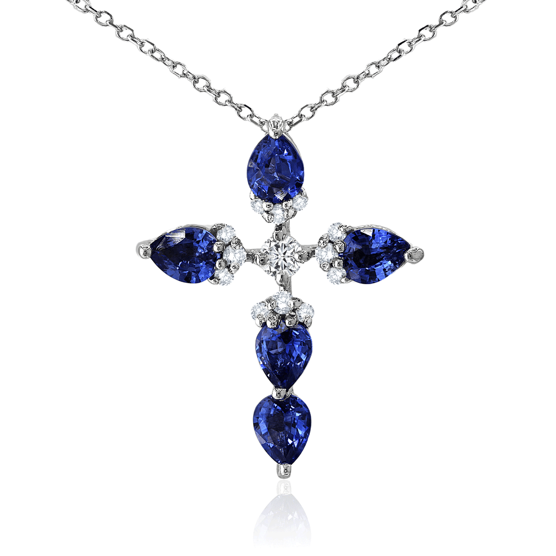 18k Gold Sapphire 1.34 Total Weight and Diamond Cross Pendant