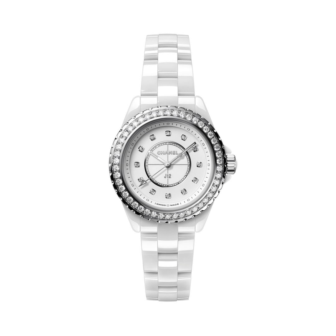 Chanel 12 Watch 33mm White Ceramic Steel Diamond Bezel and Indicator Watch H6418