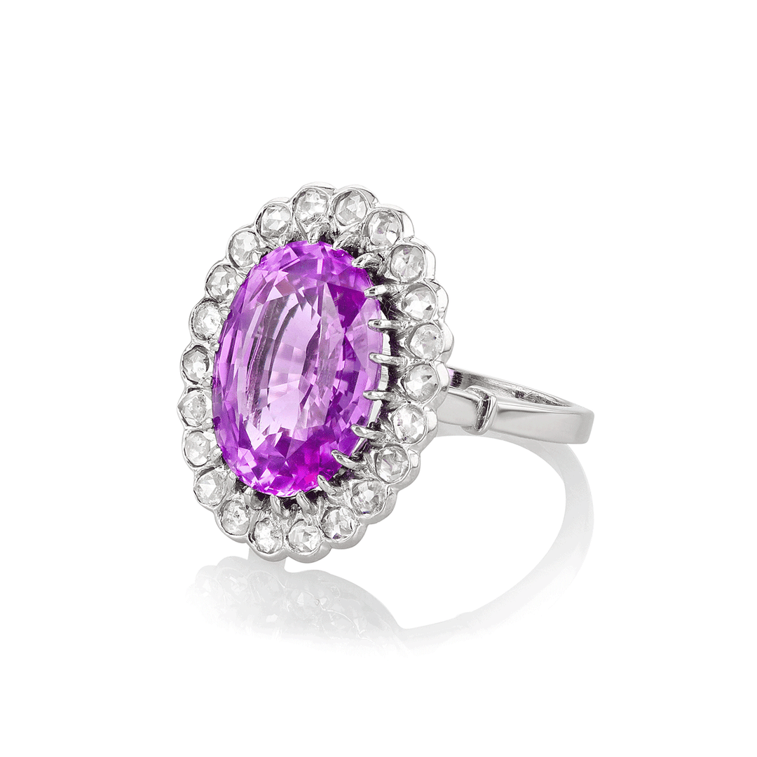 Platinum and Purple Pink Sapphire 9.28 Total Weight and Diamond Ring