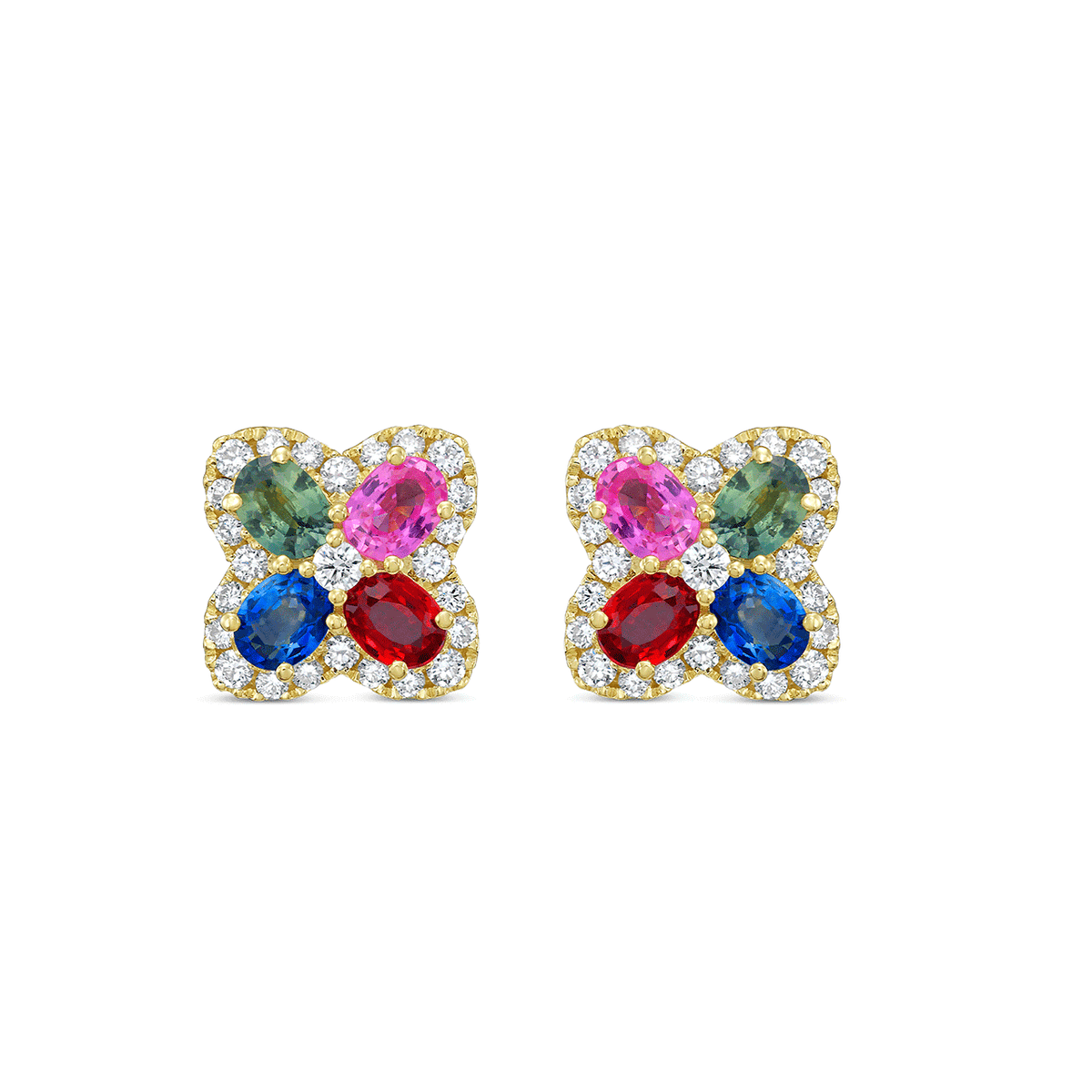 Charles Krypell 18k Yellow Gold and 1.99 Total Weight Sapphire Diamond Clover Studs