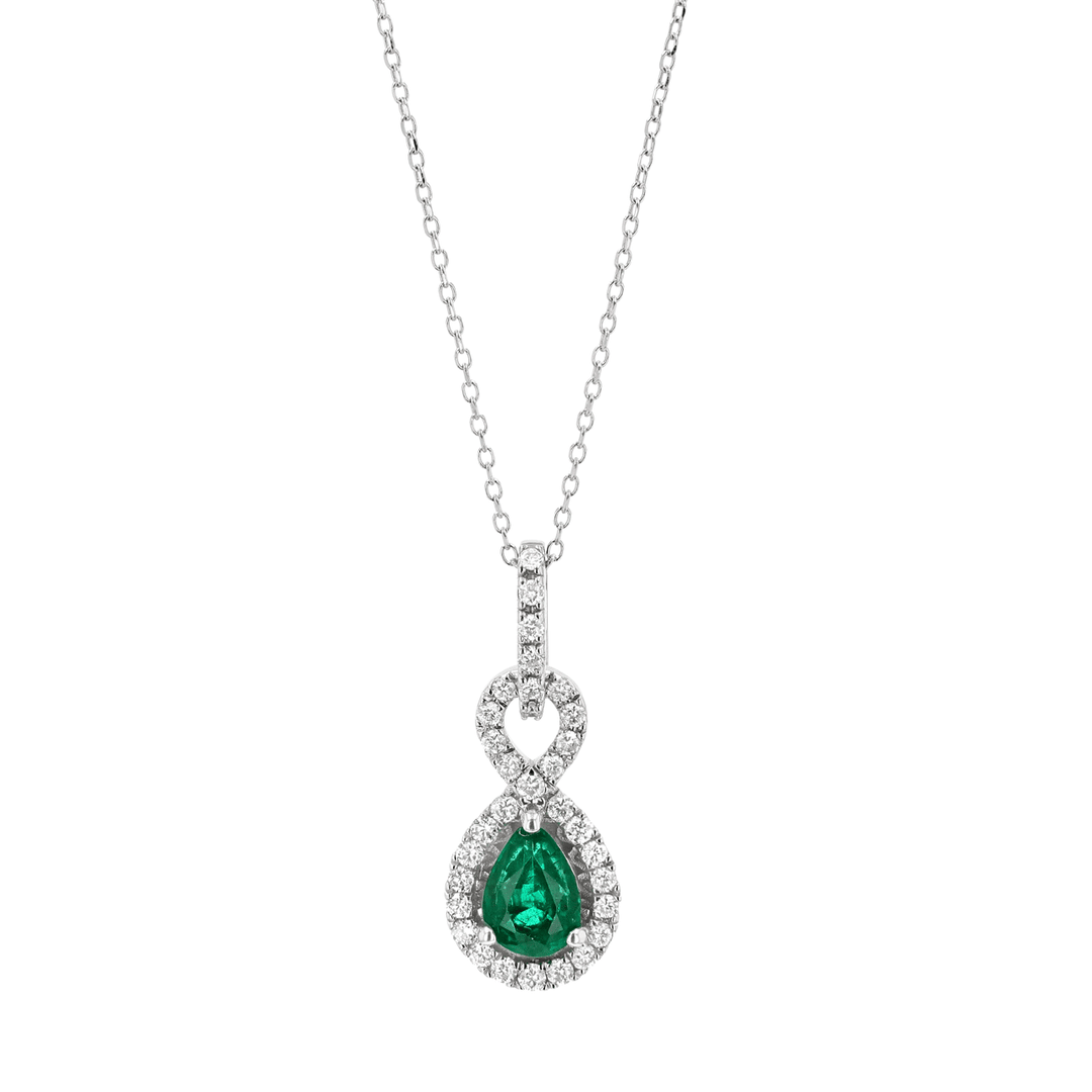 14k White Gold Emerald .73 Total Weight and Diamond Drop Pendant