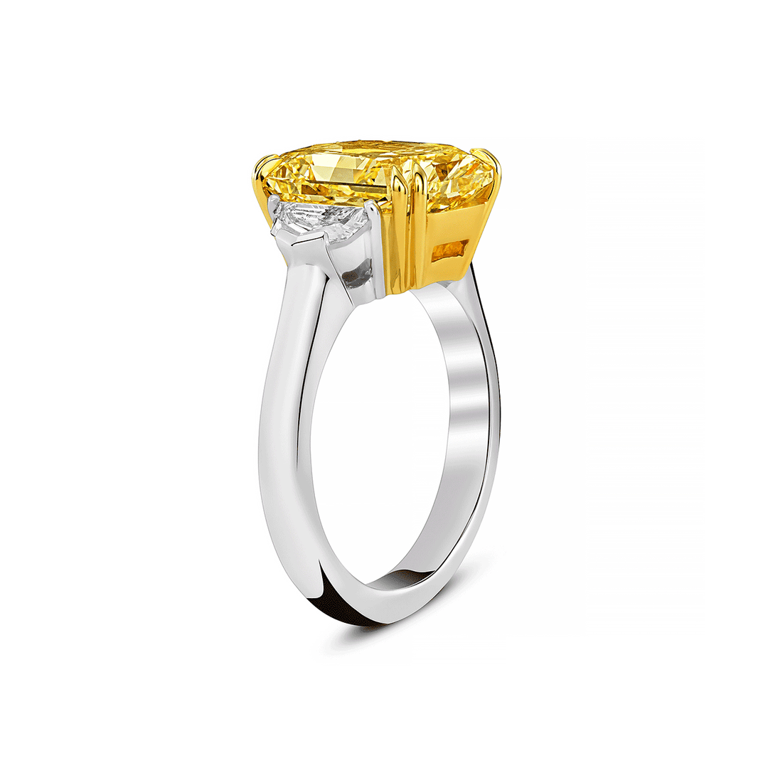 Private Reserve Platinum and Fancy Yellow Radiant Cut Diamond 6.01 Total Weight Ring