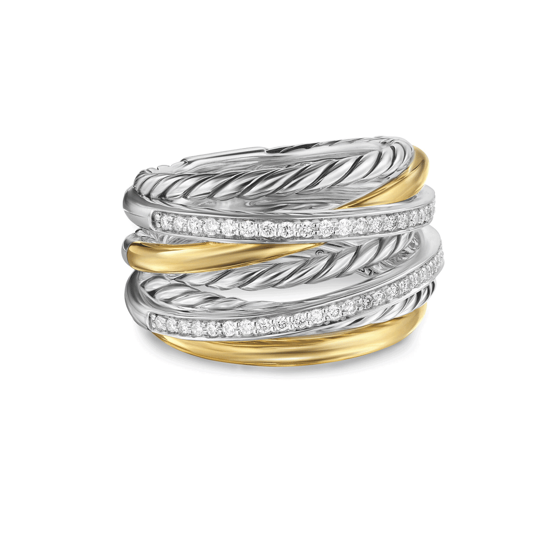 David Yurman Crossover Seven Row Ring Sterling Silver with 18K Yellow Gold and Diamonds, 16mm