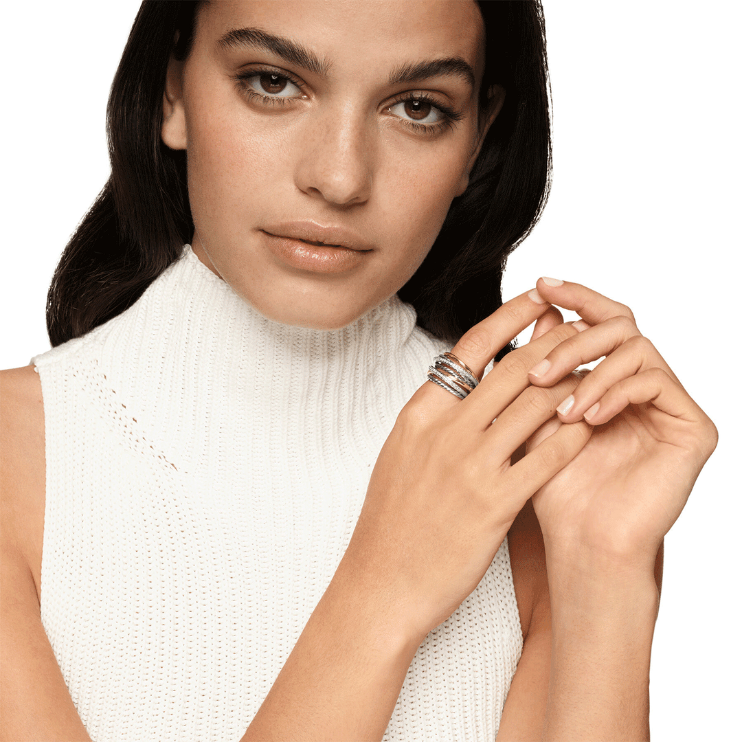 David Yurman Crossover Seven Row Ring Sterling Silver with 18K Yellow Gold and Diamonds, 16mm