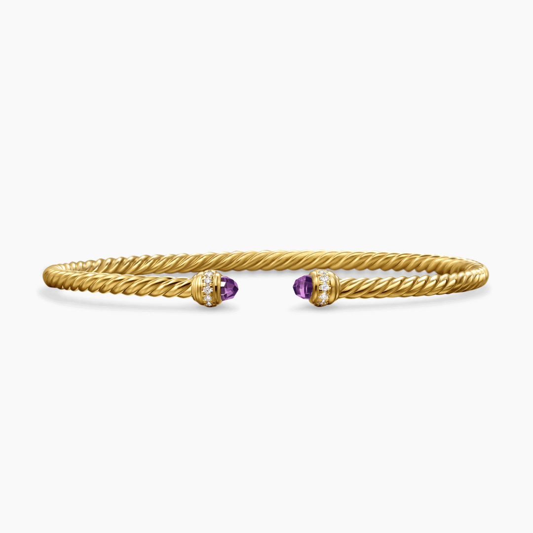 David Yurman Classic Cablespira Bracelet in 18k Yellow Gold with Amethyst and Diamonds, 3mm