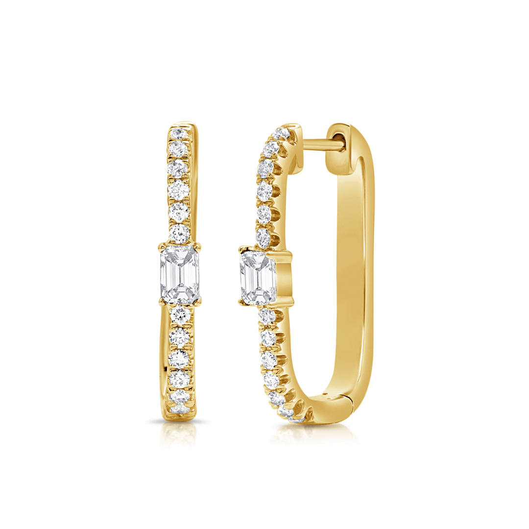 14k Gold Baguette and Round Diamond .59 Total Weight U Hoops