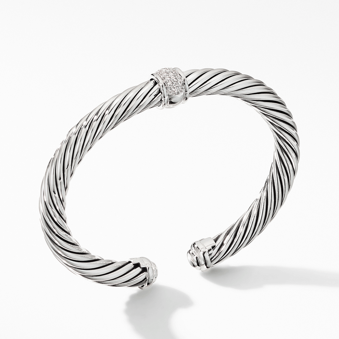 David Yurman Classic Cable Station Bracelet Sterling Silver with Pavé Diamonds, 7mm