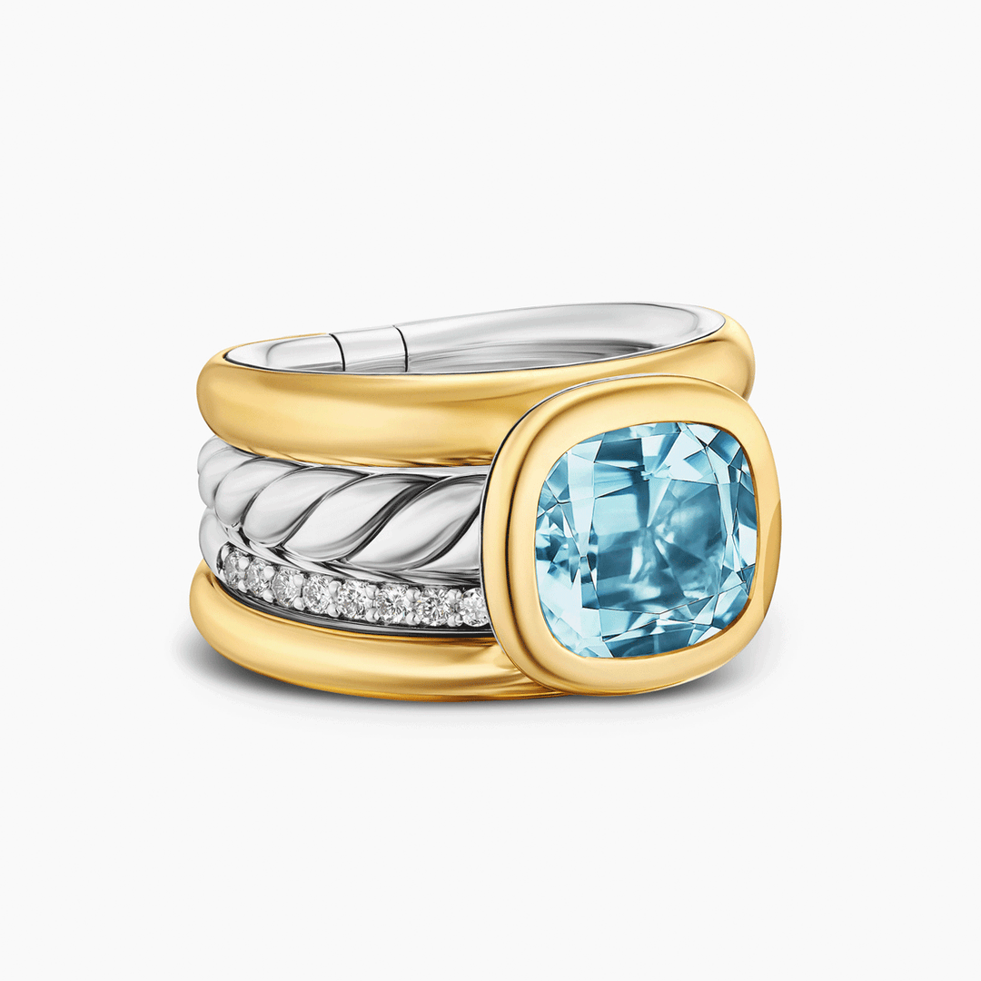 David Yurman Mercer Four Row Stone Ring Sterling Silver with 18K Yellow Gold, Sky Blue Topaz and Diamonds, 14mm