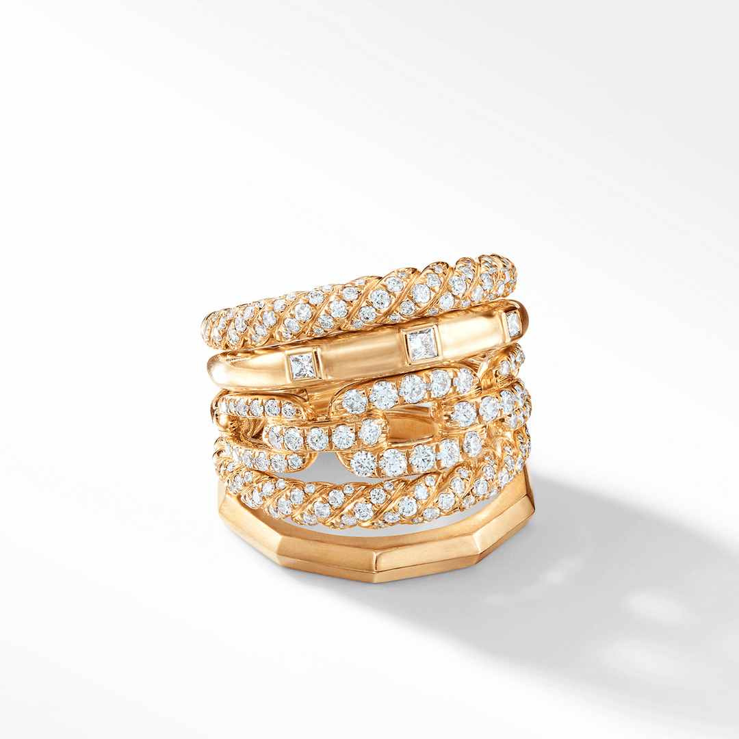 David Yurman Stax Five Row Ring with Diamonds in 18k Yellow Gold, 21mm