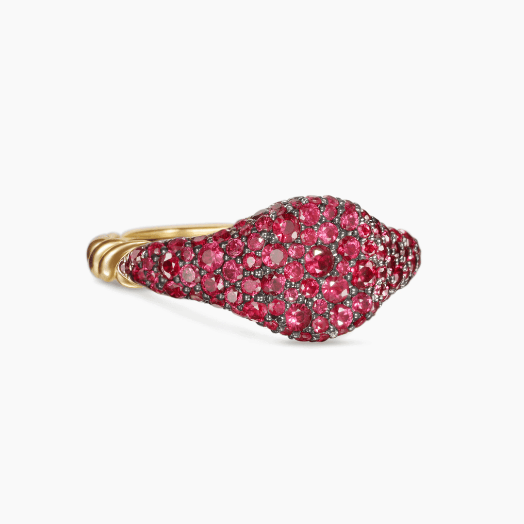 David Yurman Petite Pavé Pinky Ring 18k Yellow Gold with Red Rubies, 7mm