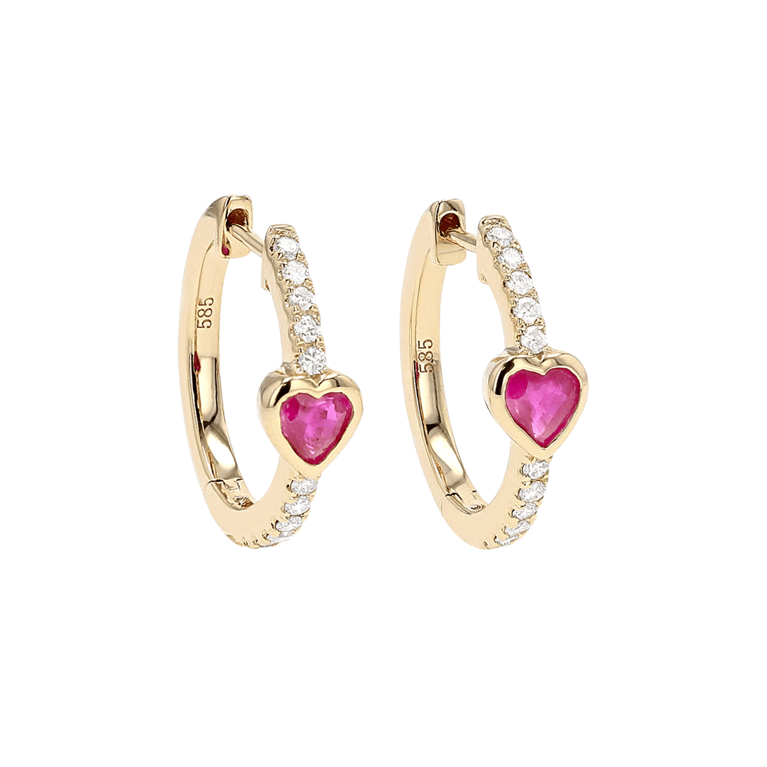 14k Gold and .60 Total Weight Heart Ruby Huggie Earrings